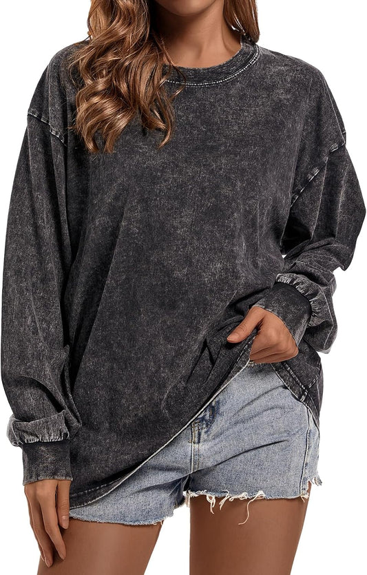 Crewneck Oversized Long Sleeve Shirts for Women Loose Fit Vintage Acid Wash Tshirt Basic Solid Color Tee Sweatshirt