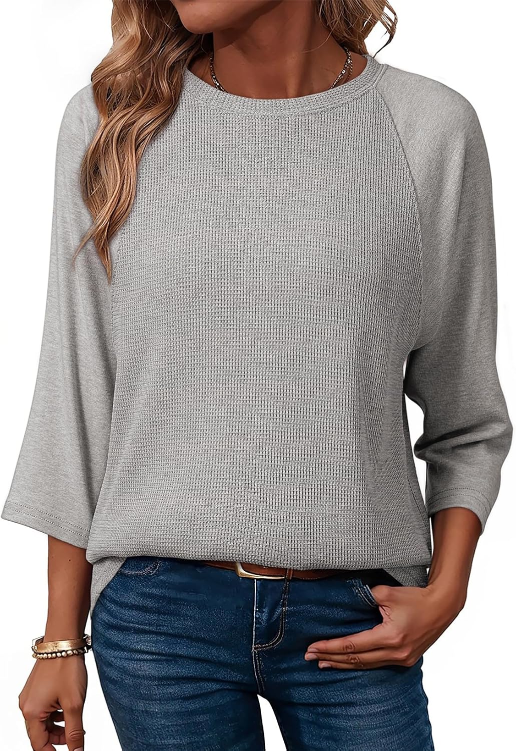 Womens Tops Spring Summer 3/4 Length Sleeve Fashion T Shirts for Women Crewneck Waffle Knit Casual Loose Tee Blouses