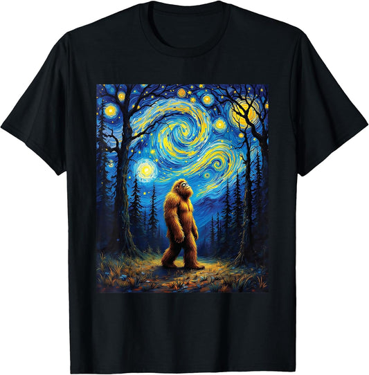 Sasquatch Bigfoot Van Gogh Starry Night Art Painting Graphic T-Shirt