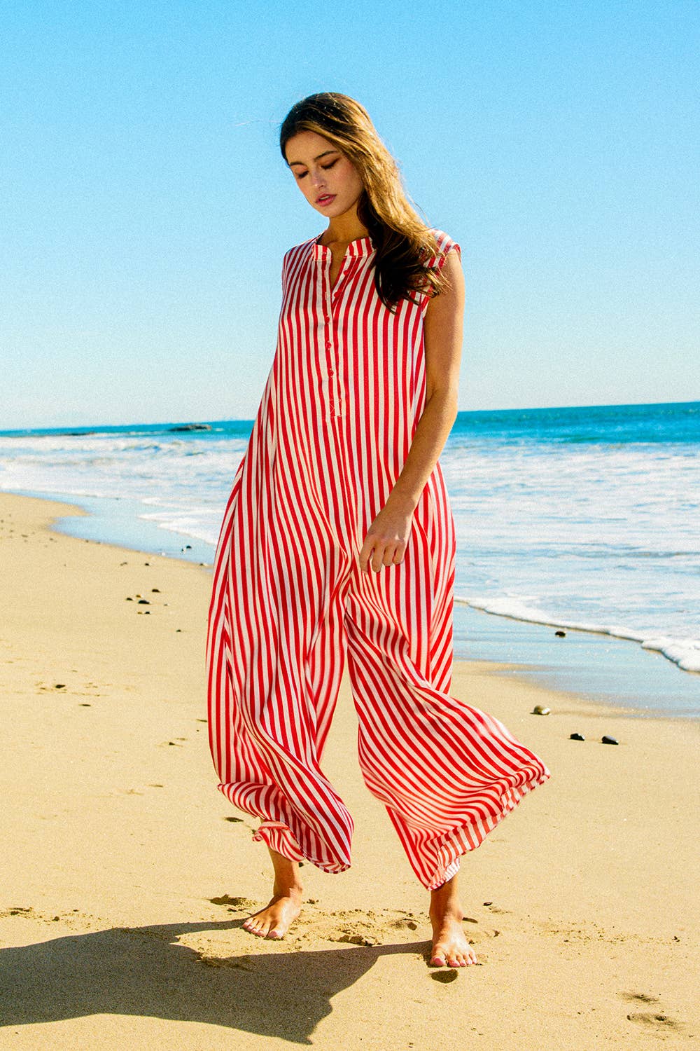 IR5120B  Wide Leg Stripe Soft Satin Jumpsuit