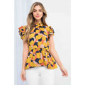 Printed Ruffle Sleeve Peplum Mock Neck Fashion Top