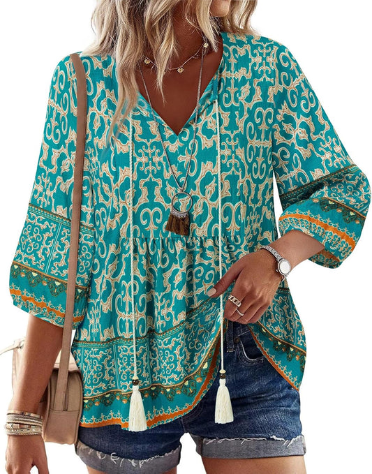Womens Summer Boho Babydoll Tops 3/4 Sleeve Pleated Peplum Blouses Casual V Neck Tie Front 2026 Tunic Tops