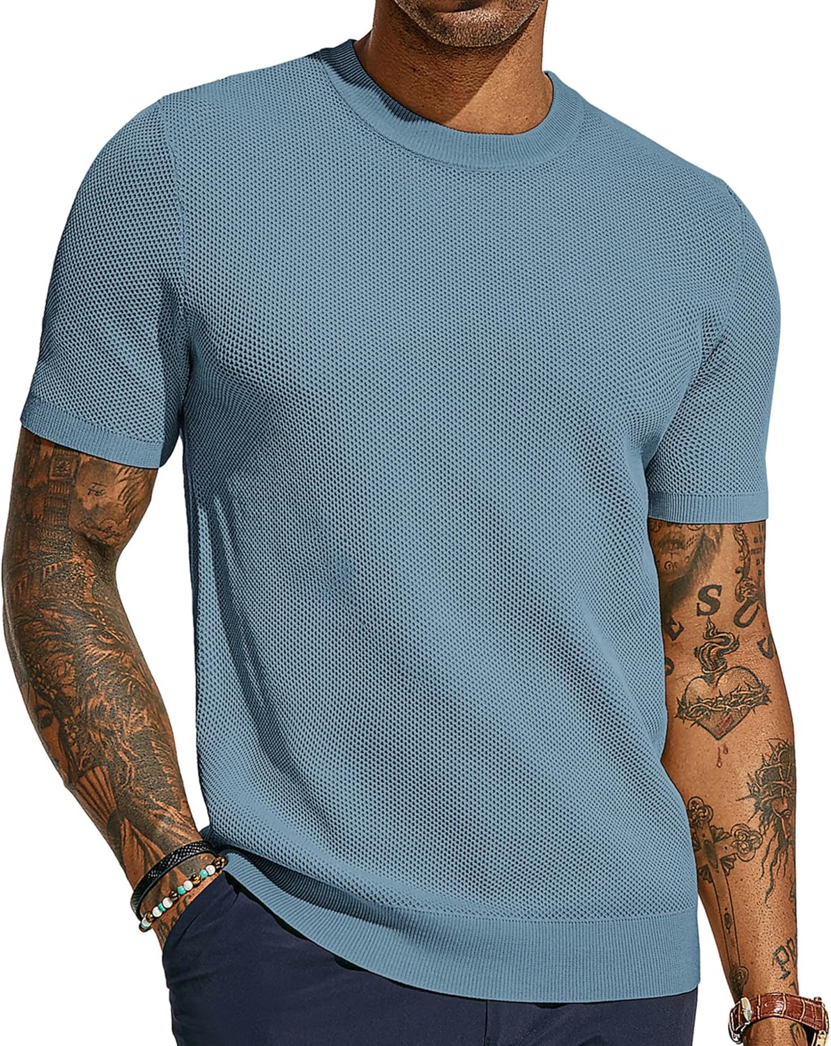 Mens T-Shirts Crew Neck Waffle Knit Shirt Short Sleeve Tee Shirts Fashion Casual Pullover Tops