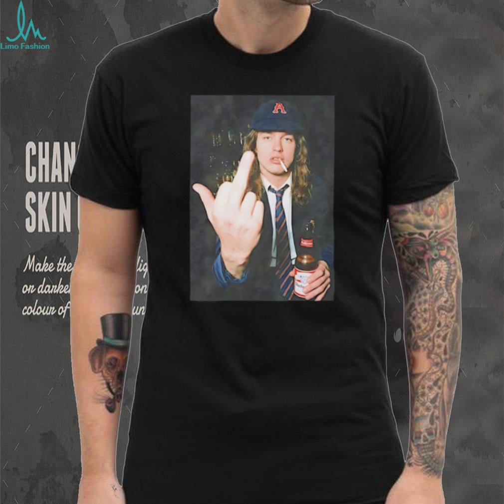 Angus Young holding beer middle finger shirt