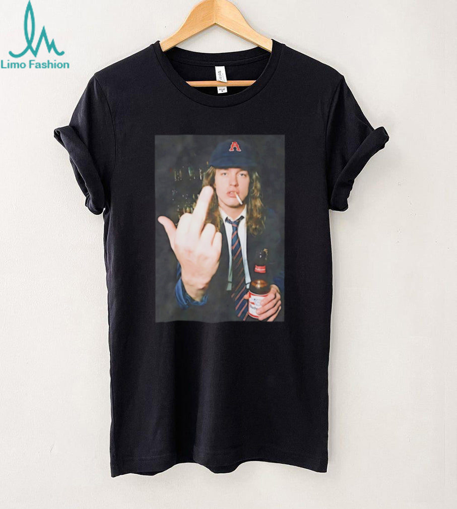 Angus Young holding beer middle finger shirt