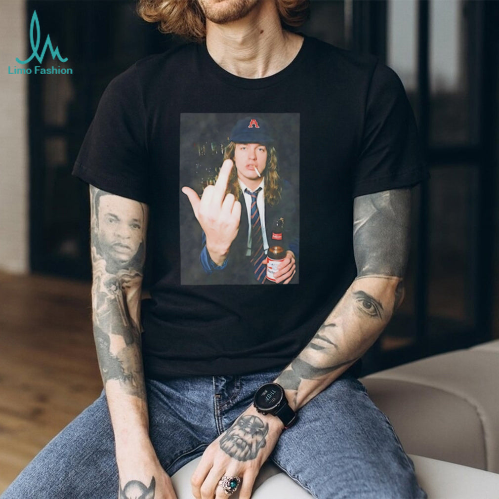 Angus Young holding beer middle finger shirt