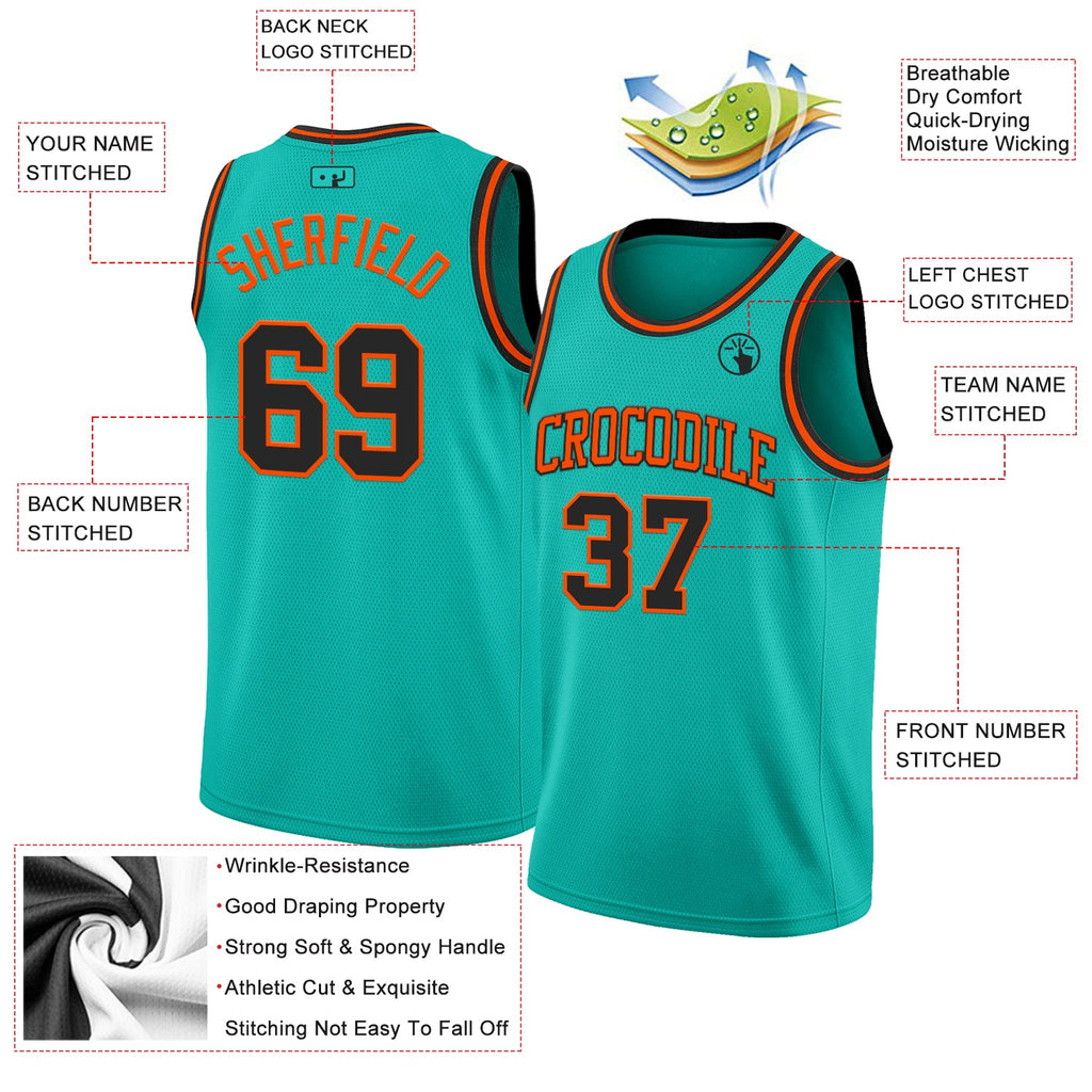 Custom Aqua Black-Orange Authentic Basketball Jersey