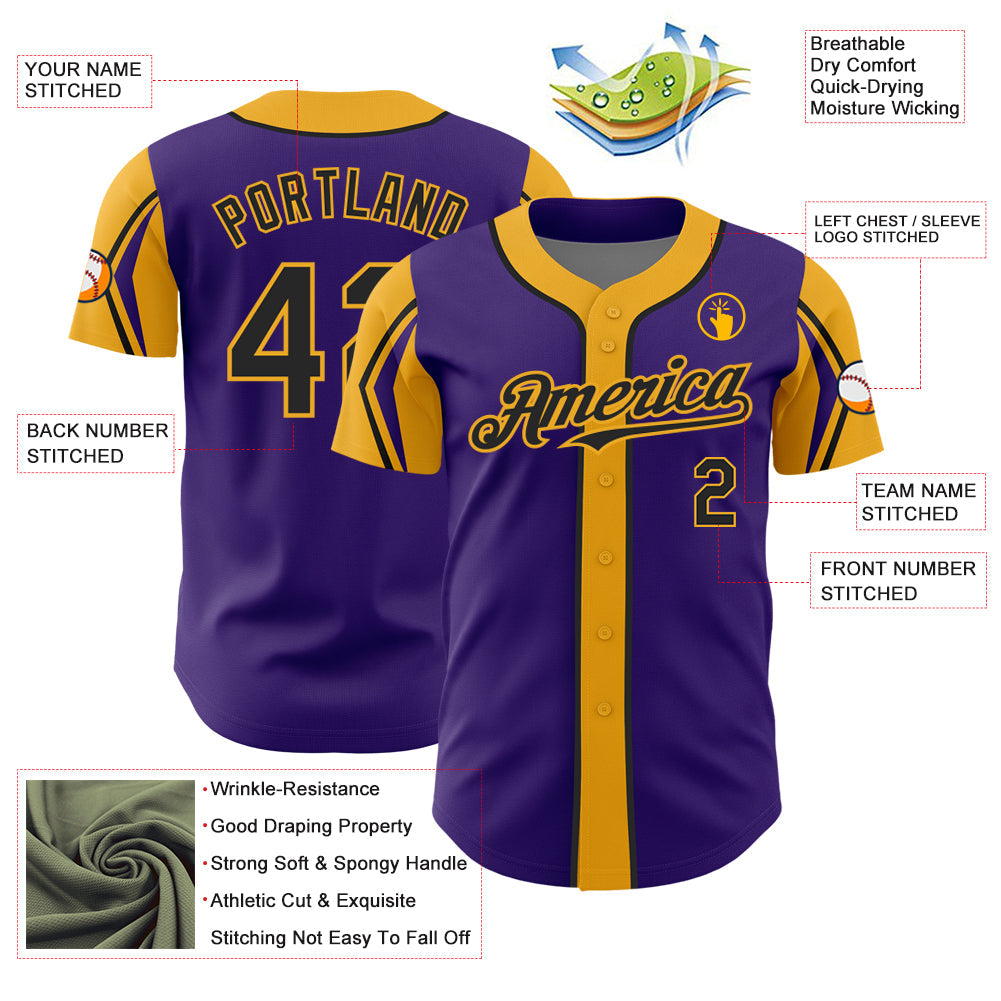 Custom Purple Black-Gold 3 Colors Arm Shapes Authentic Baseball Jersey