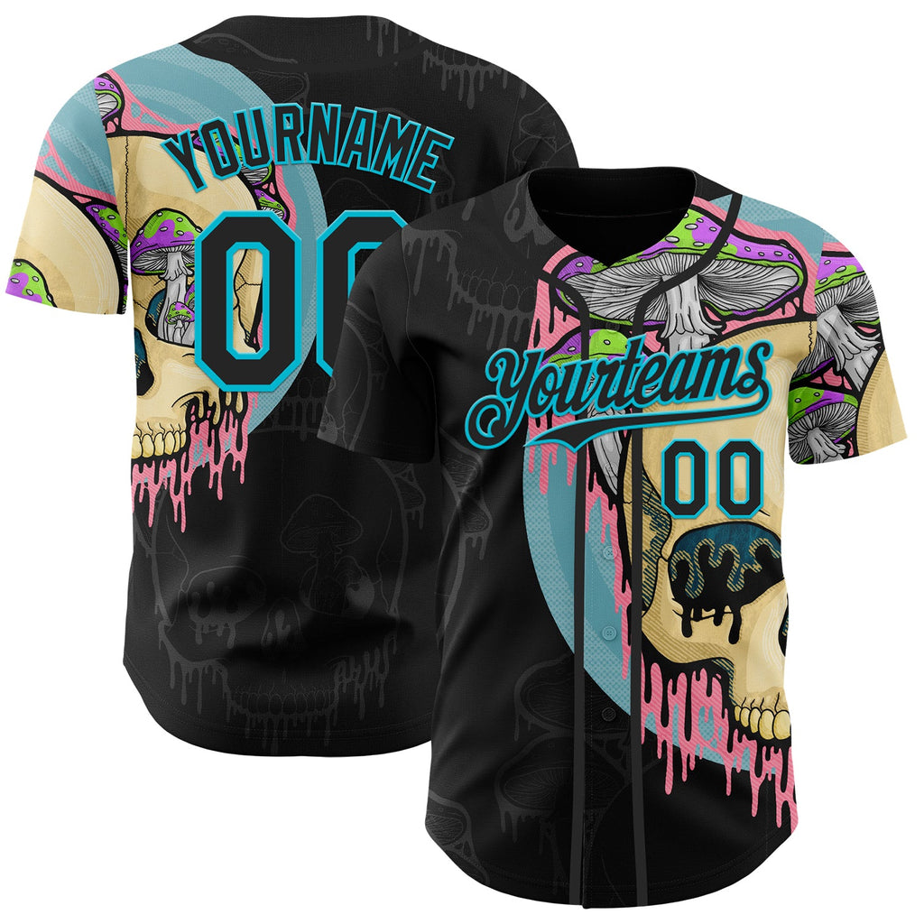 Custom Black Lakes Blue 3D Illymakes Drippy Mushroom Skull Authentic Baseball Jersey