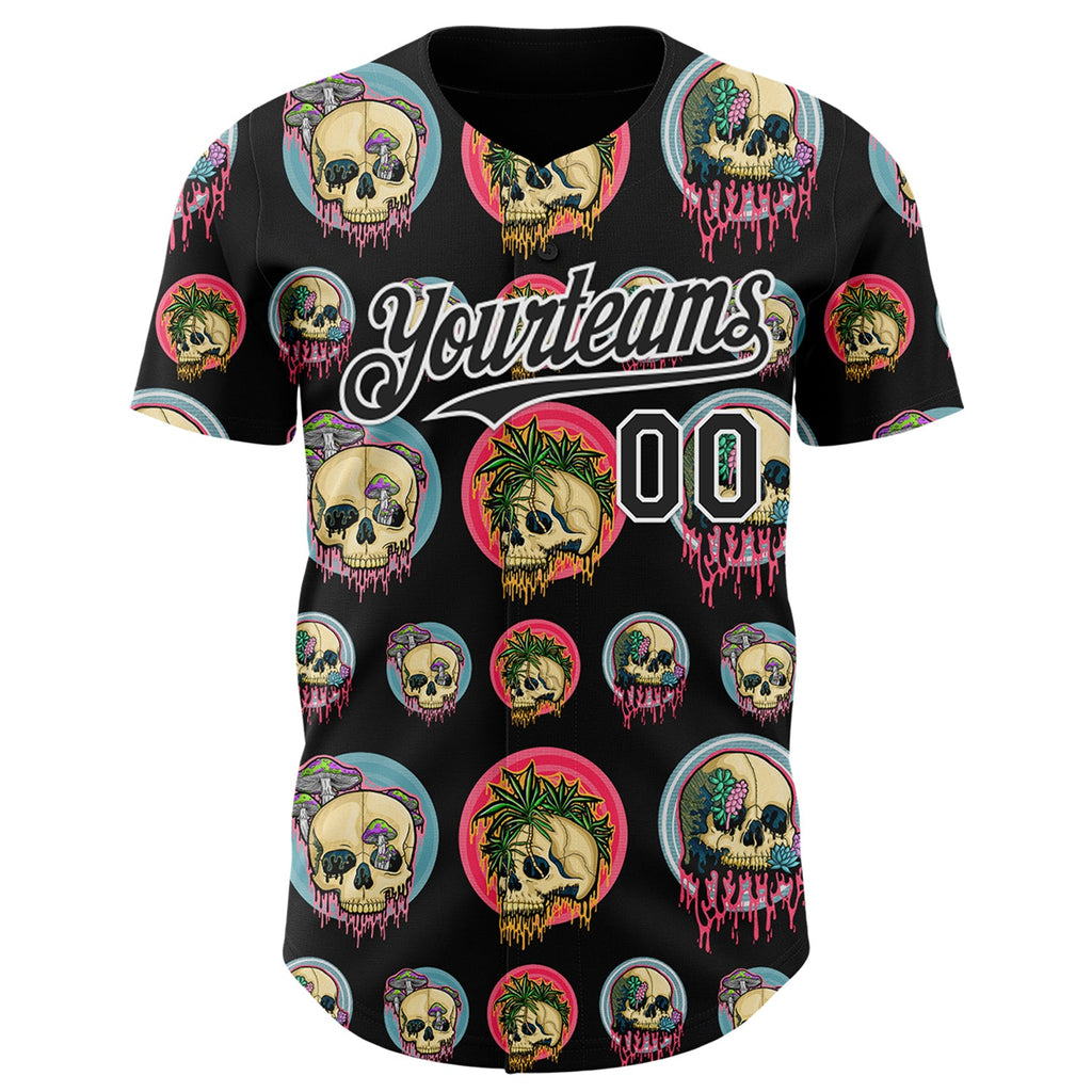 Custom Black White 3D Illymakes Drippy Skulls Authentic Baseball Jersey