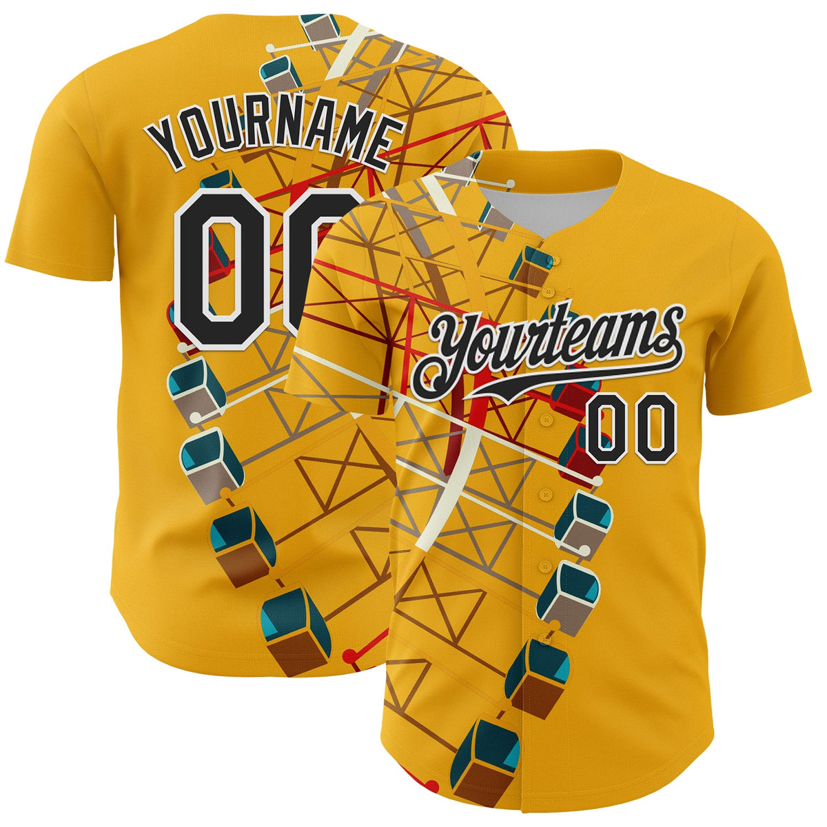 Custom Gold Black-White 3D Nikita Fraser Ferris Wheel Authentic Baseball Jersey