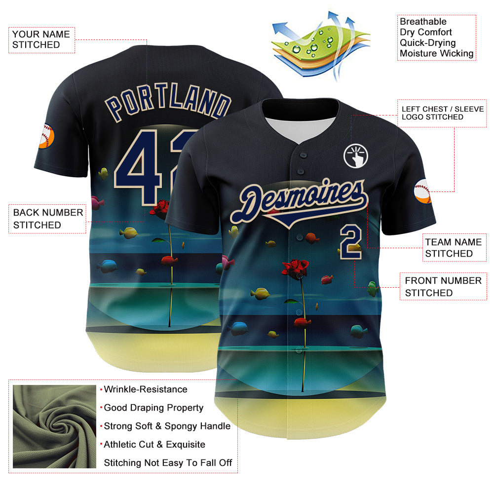 Custom Blue Navy-City Cream 3D Marcel Caram The Round Aquarium Blue Version Authentic Baseball Jersey