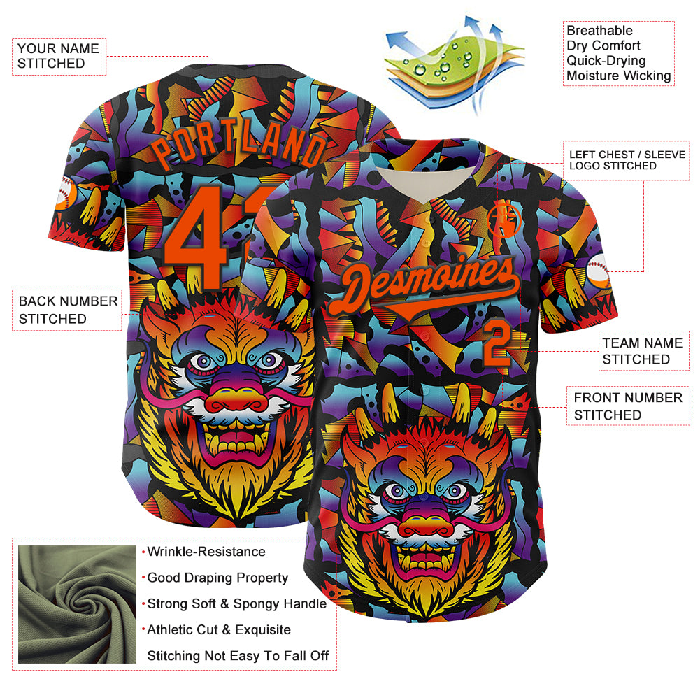 Custom Black Orange 3D Geo Law Dragon Mask Authentic Baseball Jersey