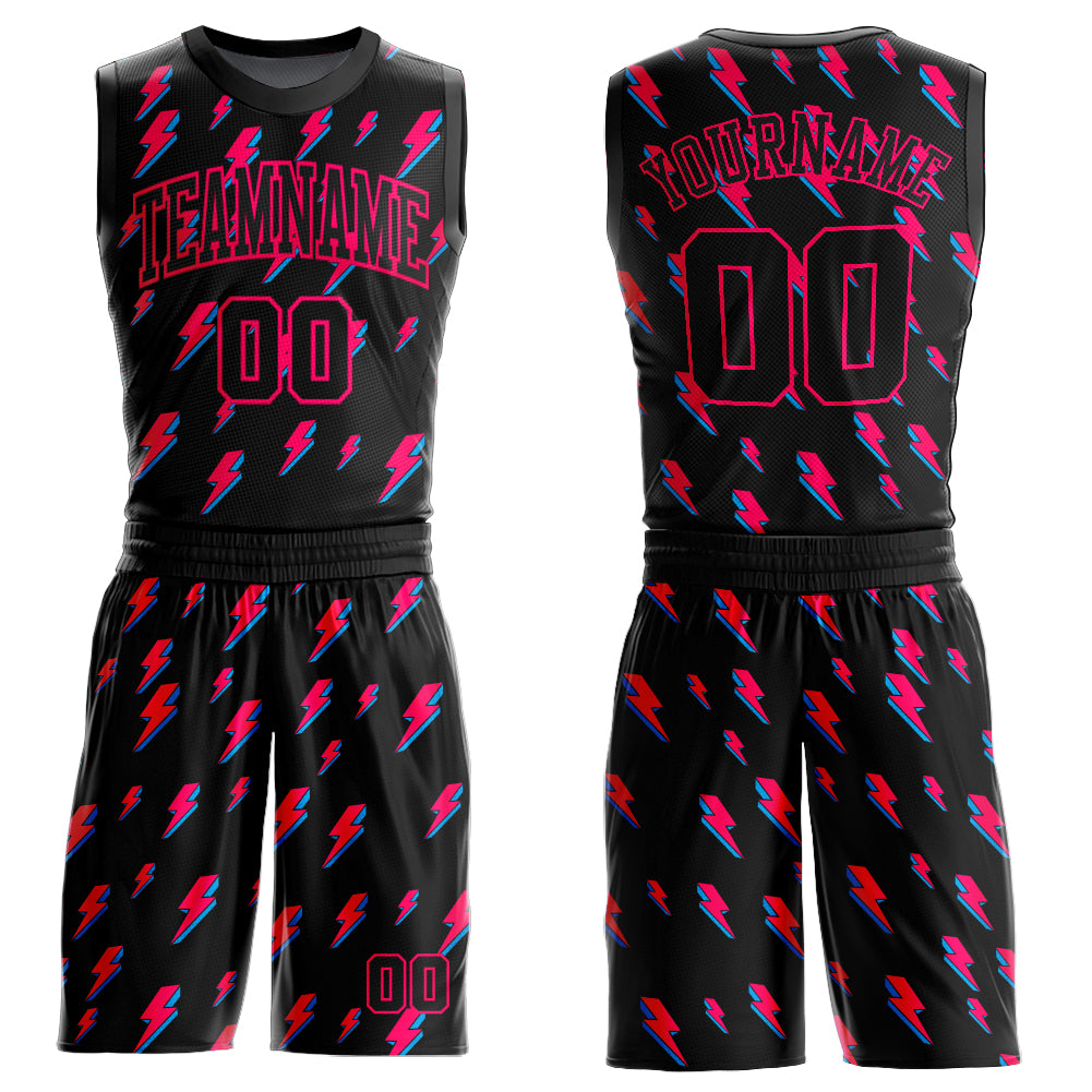 Custom Black Pink Lightning Shapes Round Neck Sublimation Basketball Suit Jersey
