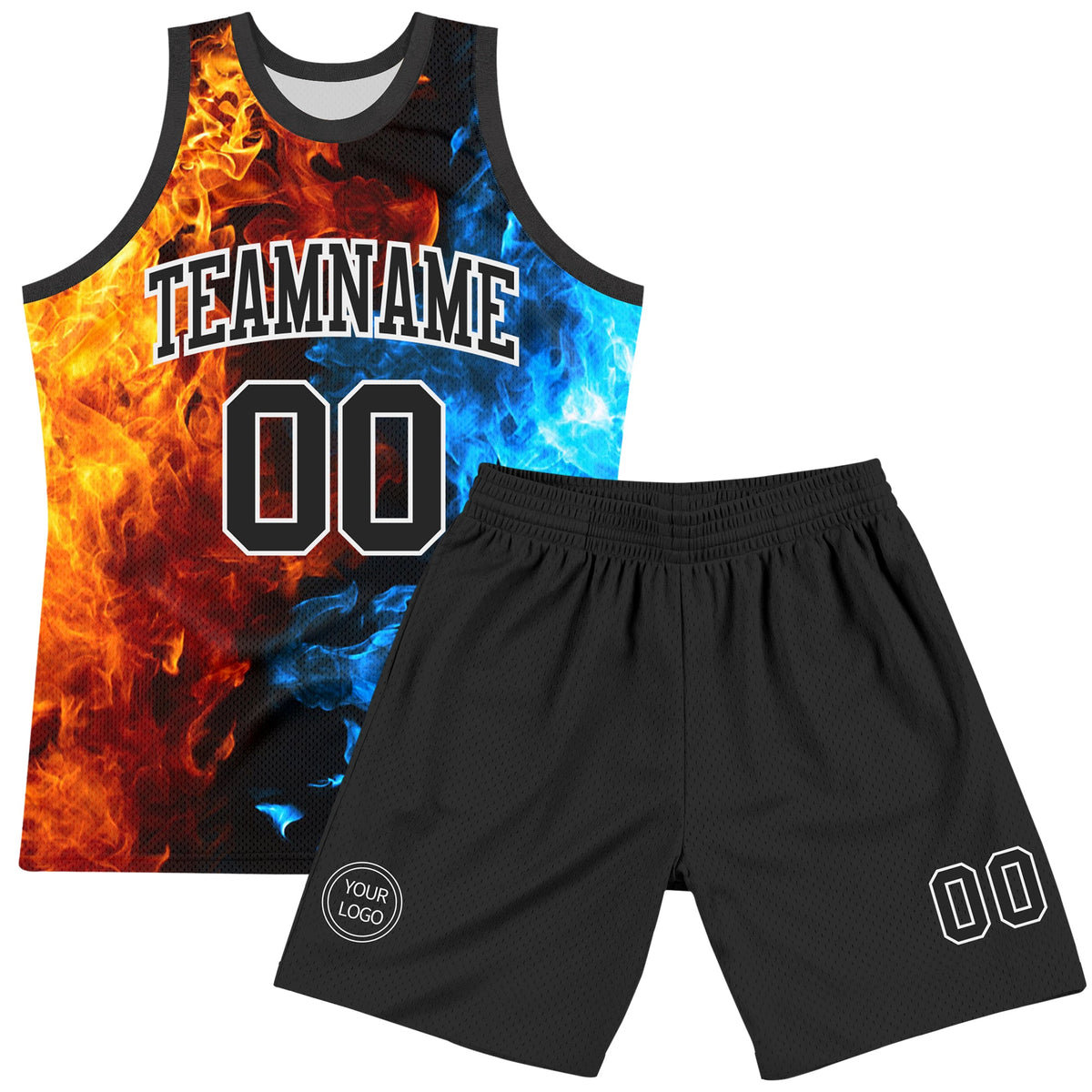 Custom Figure Black-White Flame Round Neck Sublimation Basketball Suit Jersey
