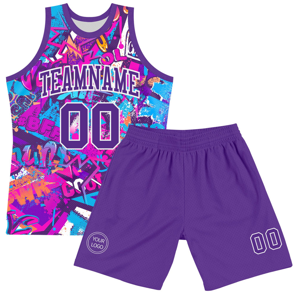 Custom Graffiti Pattern Purple-White Splash Round Neck Sublimation Basketball Suit Jersey