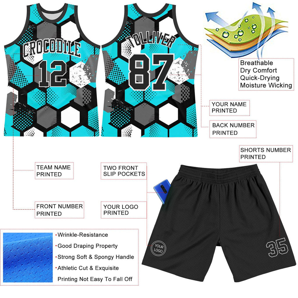 Custom Aqua Black-White Geometric Shape Round Neck Sublimation Basketball Suit Jersey