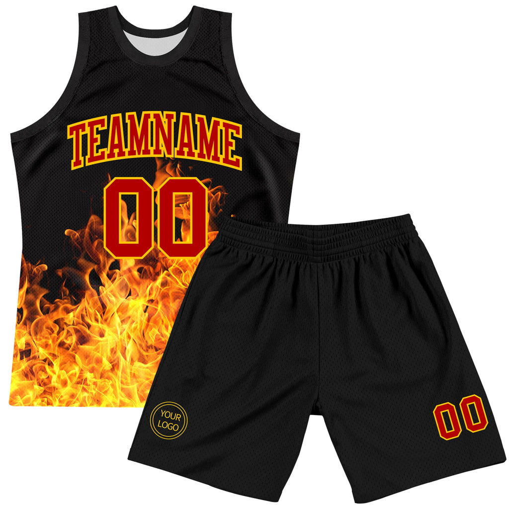 Custom Black Red-Yellow Flame Round Neck Sublimation Basketball Suit Jersey