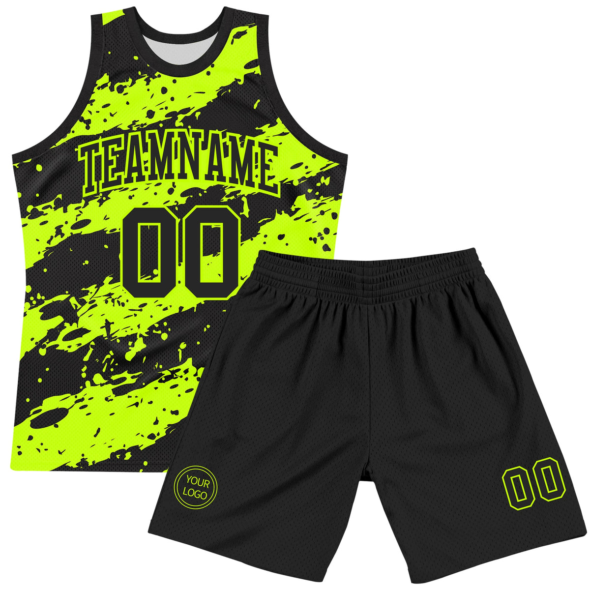 Custom Black Neon Green Splash Round Neck Sublimation Basketball Suit Jersey
