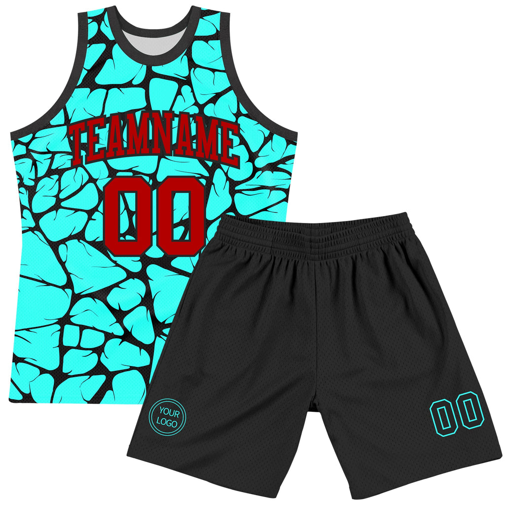 Custom Aqua Red-Black Abstract Network Round Neck Sublimation Basketball Suit Jersey