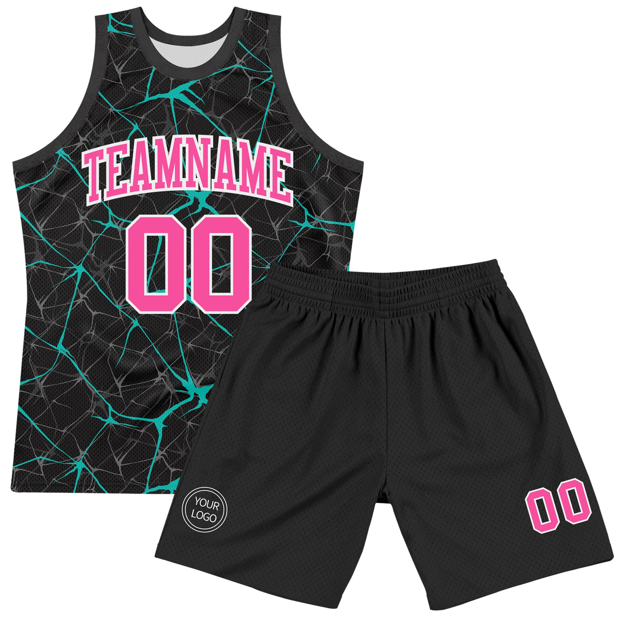 Custom Black Pink Aqua-White Abstract Network Round Neck Sublimation Basketball Suit Jersey