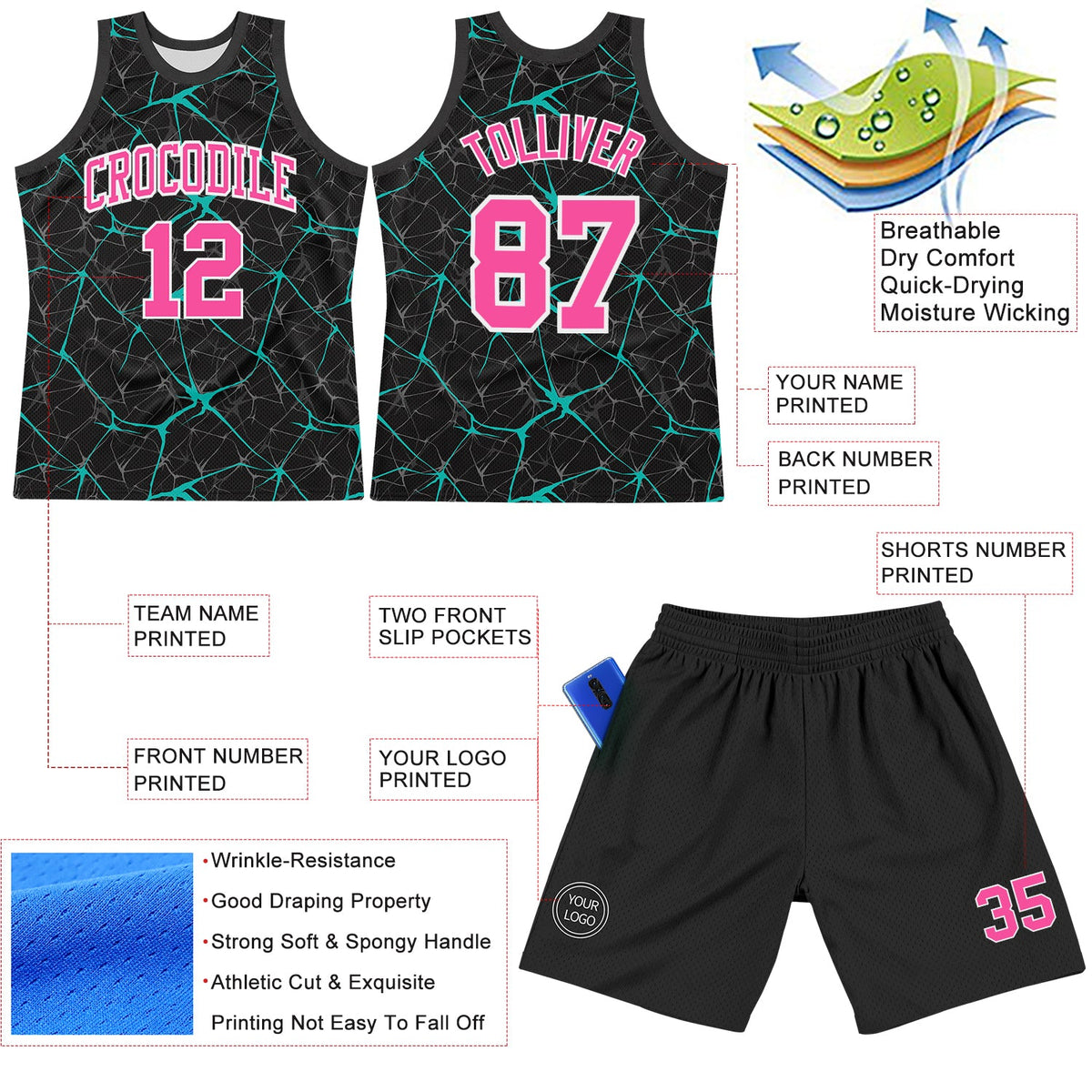 Custom Black Pink Aqua-White Abstract Network Round Neck Sublimation Basketball Suit Jersey