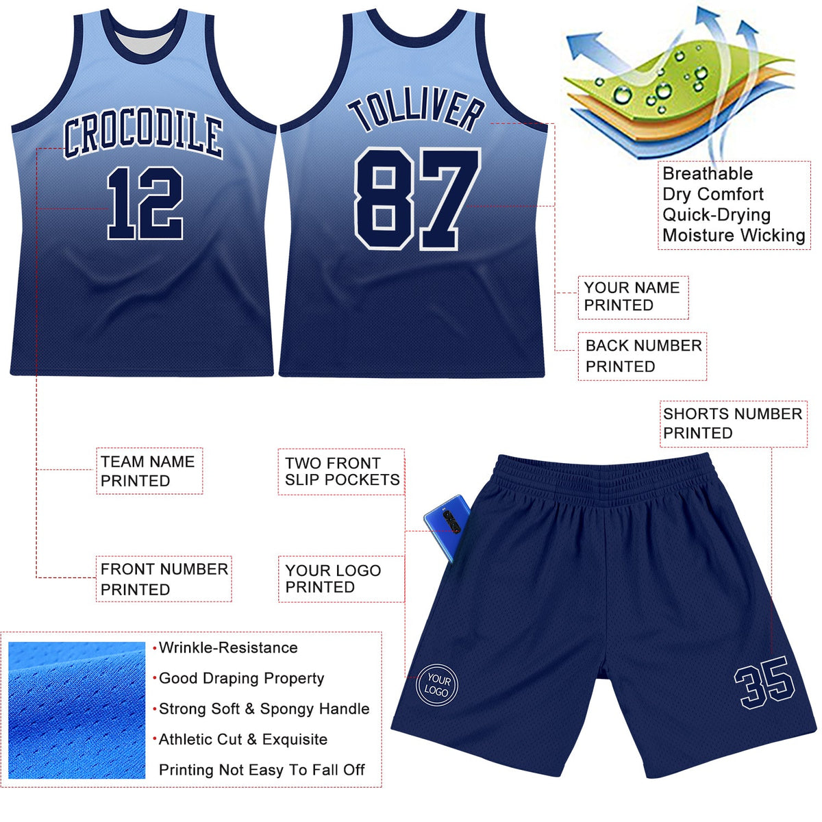 Custom Light Blue Navy-White Fade Fashion Round Neck Sublimation Basketball Suit Jersey