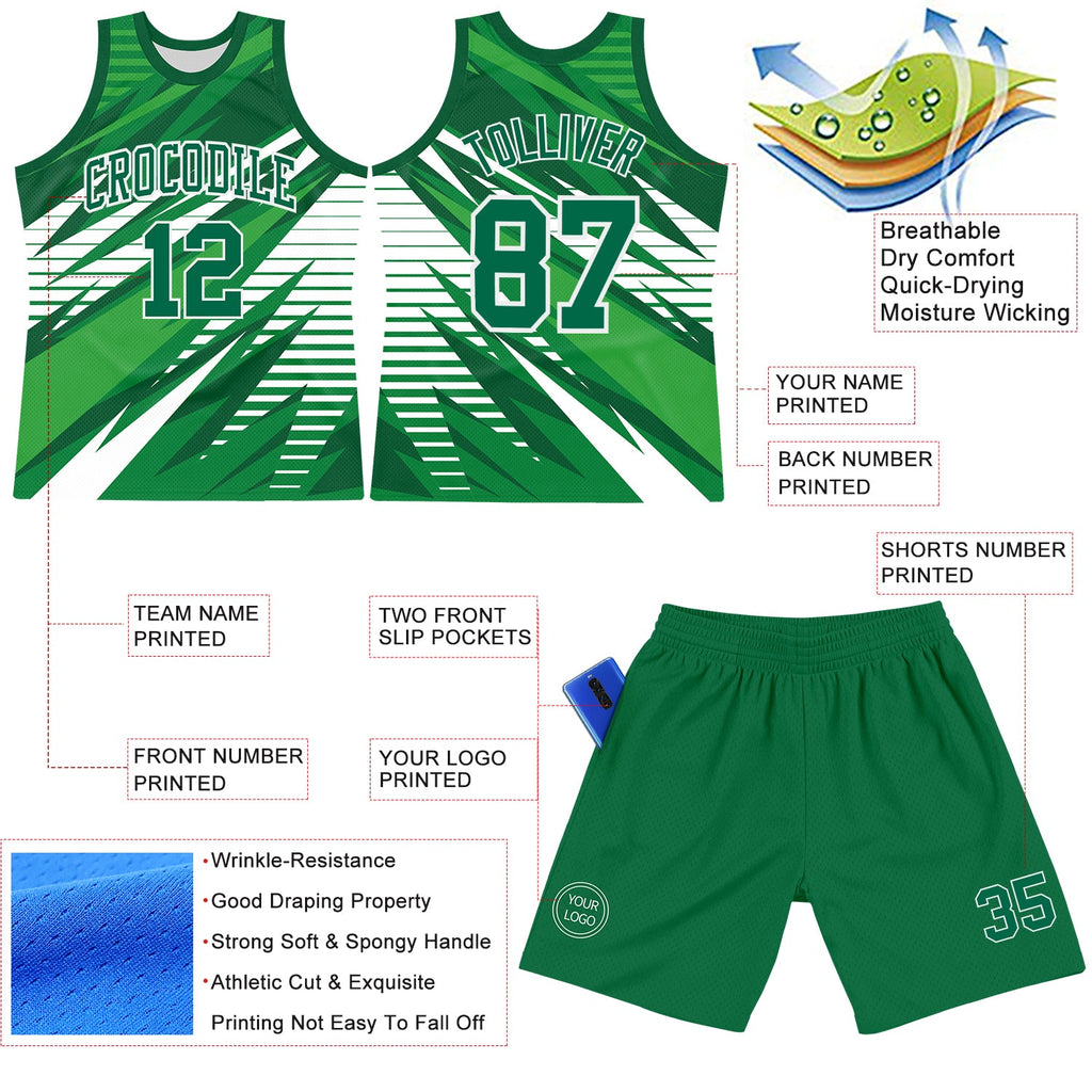 Custom Kelly Green White Line Round Neck Sublimation Basketball Suit Jersey