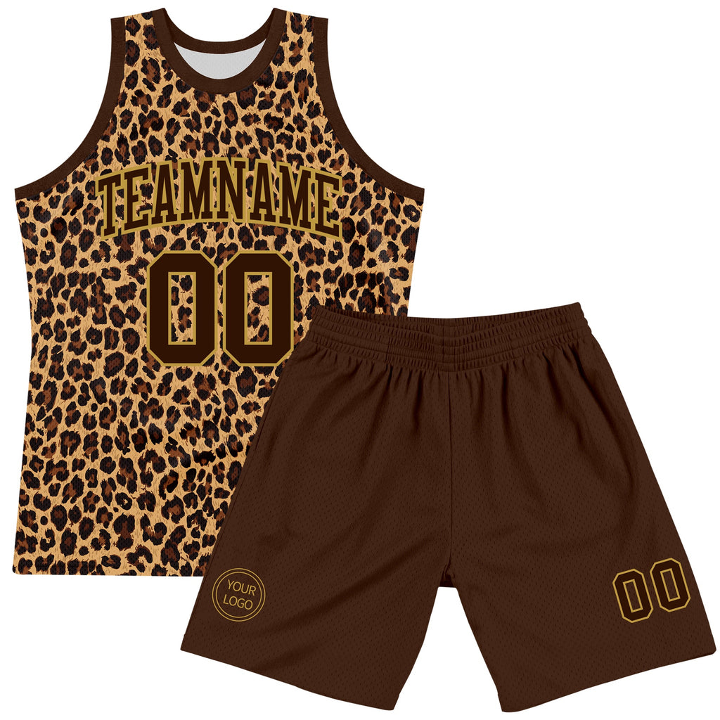 Custom Brown Old Gold Leopard Print Round Neck Sublimation Basketball Suit Jersey