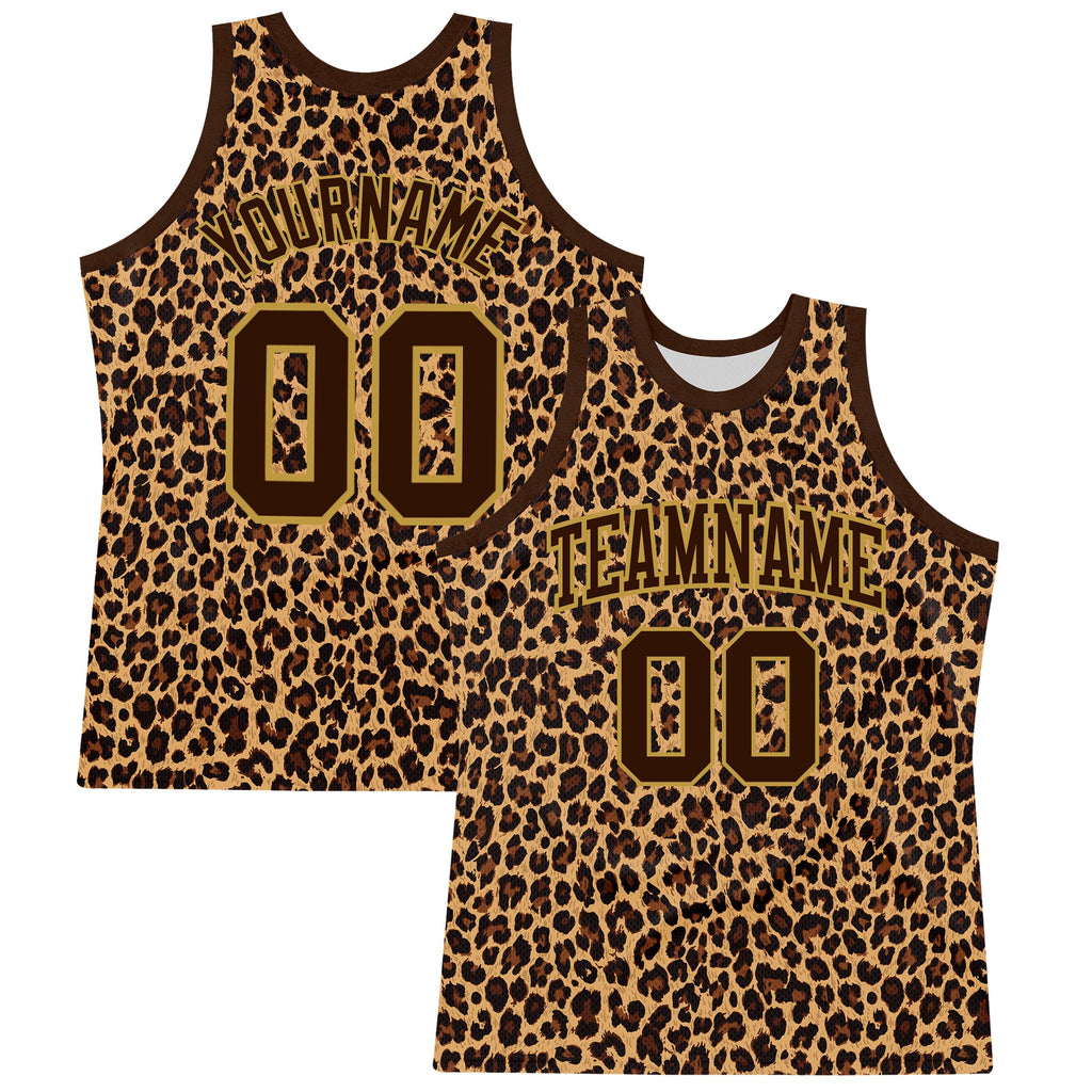 Custom Brown Old Gold Leopard Print Round Neck Sublimation Basketball Suit Jersey