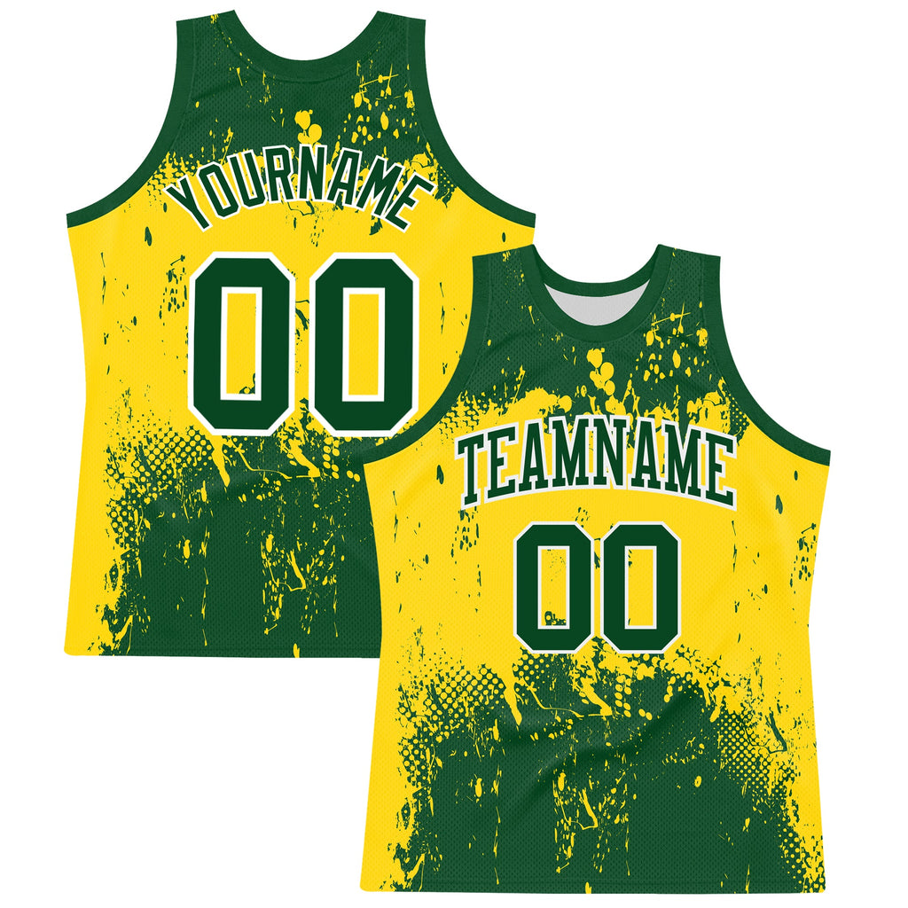 Custom Green Yellow-White Abstract Splatter Grunge Art Round Neck Sublimation Basketball Suit Jersey