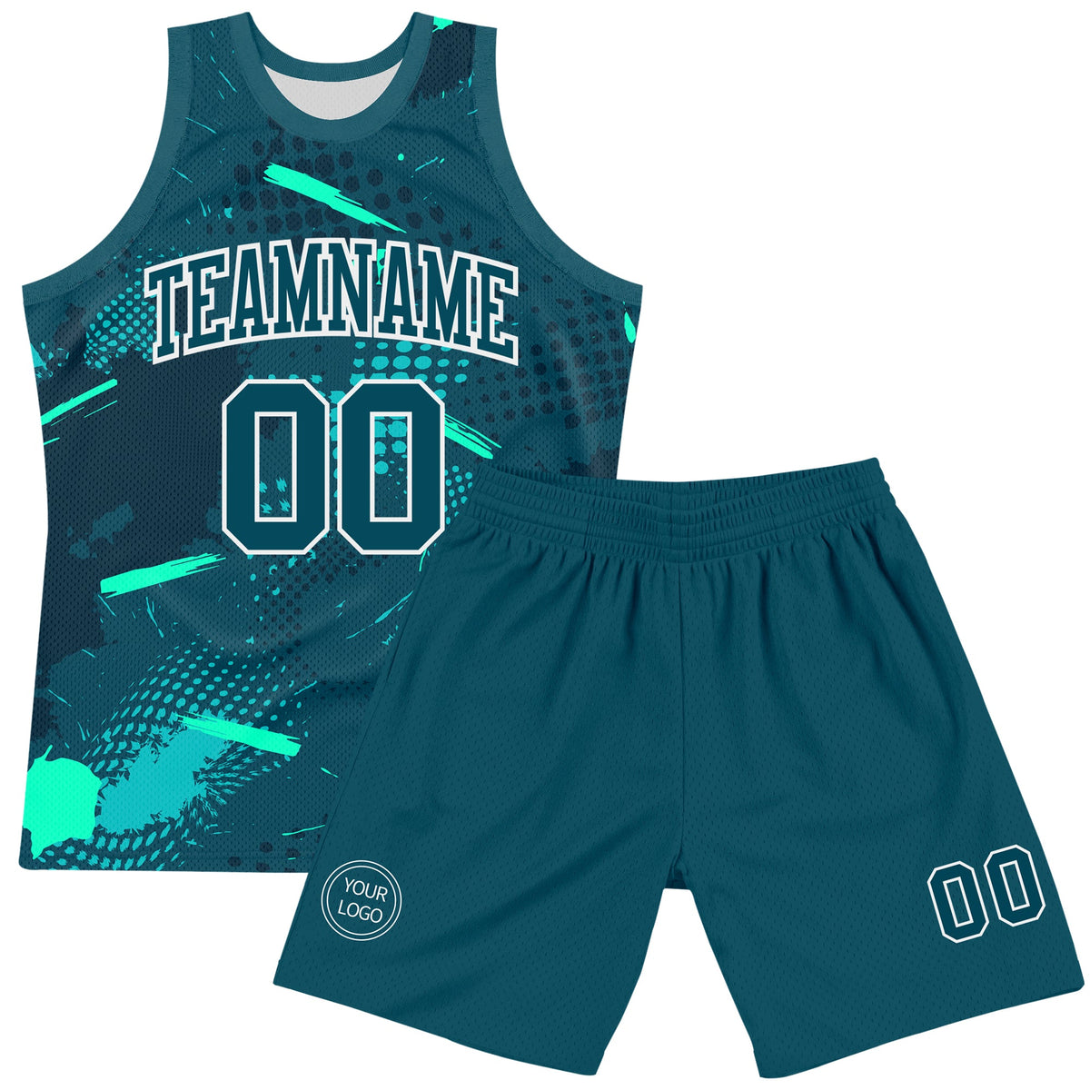 Custom Green Aqua-White Splash Round Neck Sublimation Basketball Suit Jersey