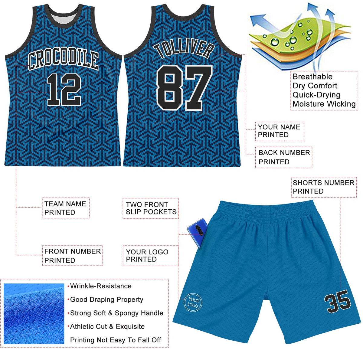 Custom Blue Black-White Arrow Shape Round Neck Sublimation Basketball Suit Jersey