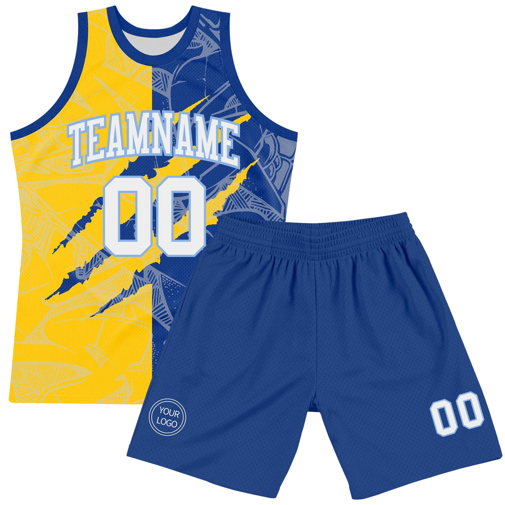Custom Graffiti Pattern White Royal Yellow-Light Blue Scratch Round Neck Sublimation Basketball Suit Jersey