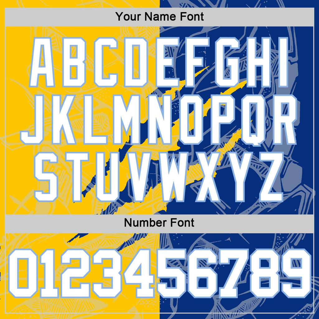 Custom Graffiti Pattern White Royal Yellow-Light Blue Scratch Round Neck Sublimation Basketball Suit Jersey