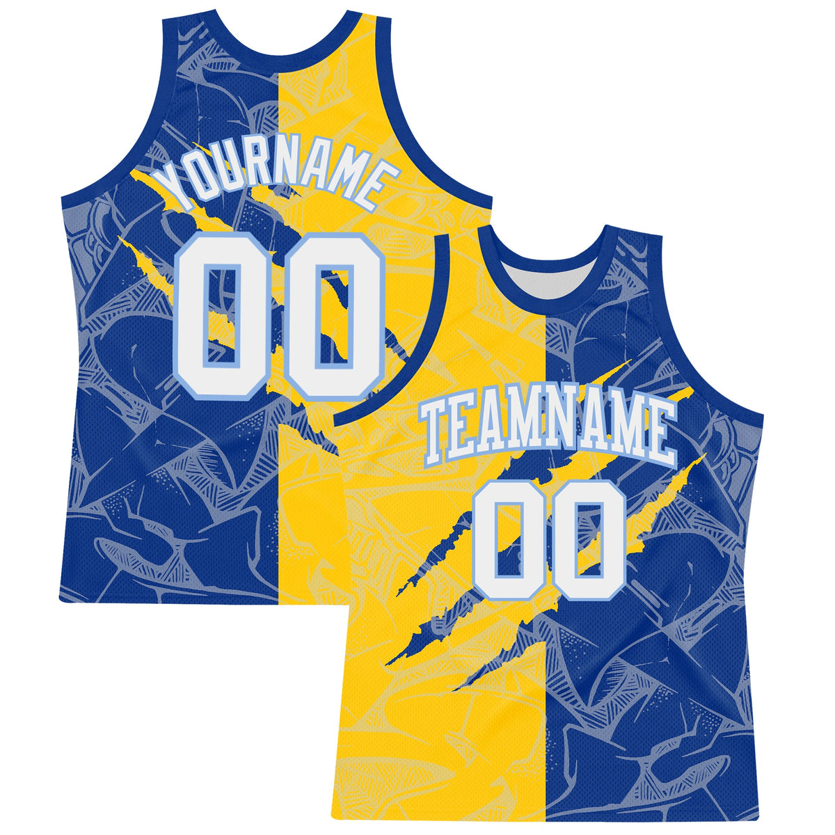 Custom Graffiti Pattern White Royal Yellow-Light Blue Scratch Round Neck Sublimation Basketball Suit Jersey
