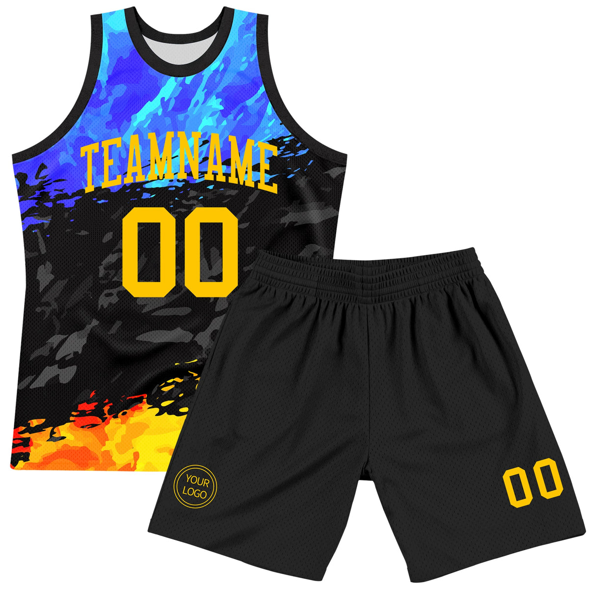 Custom Figure Yellow Royal-Black Splash Round Neck Sublimation Basketball Suit Jersey