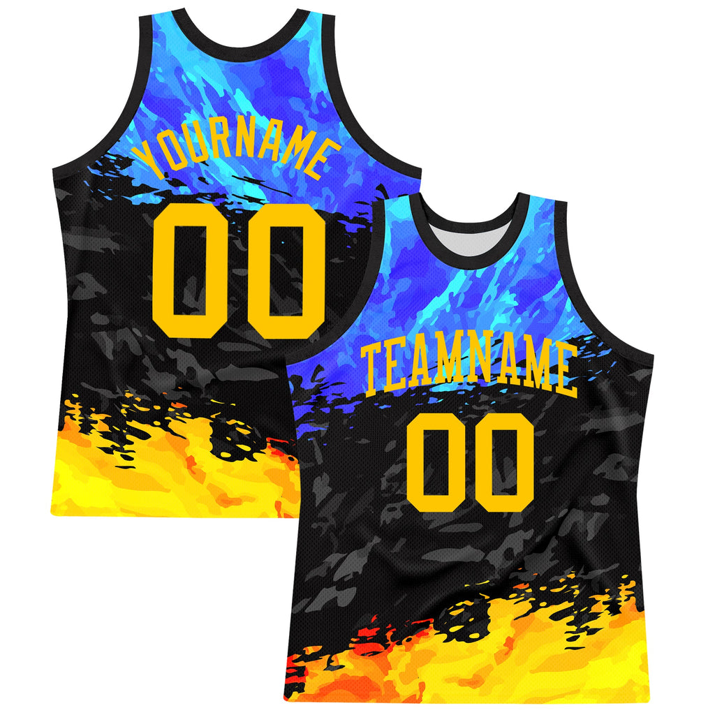 Custom Figure Yellow Royal-Black Splash Round Neck Sublimation Basketball Suit Jersey