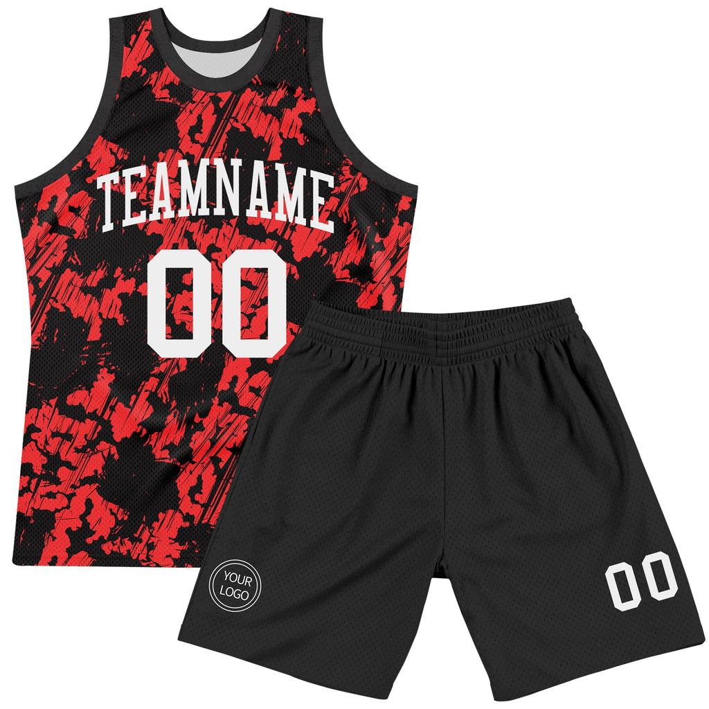Custom Black White-Red Splash Round Neck Sublimation Basketball Suit Jersey