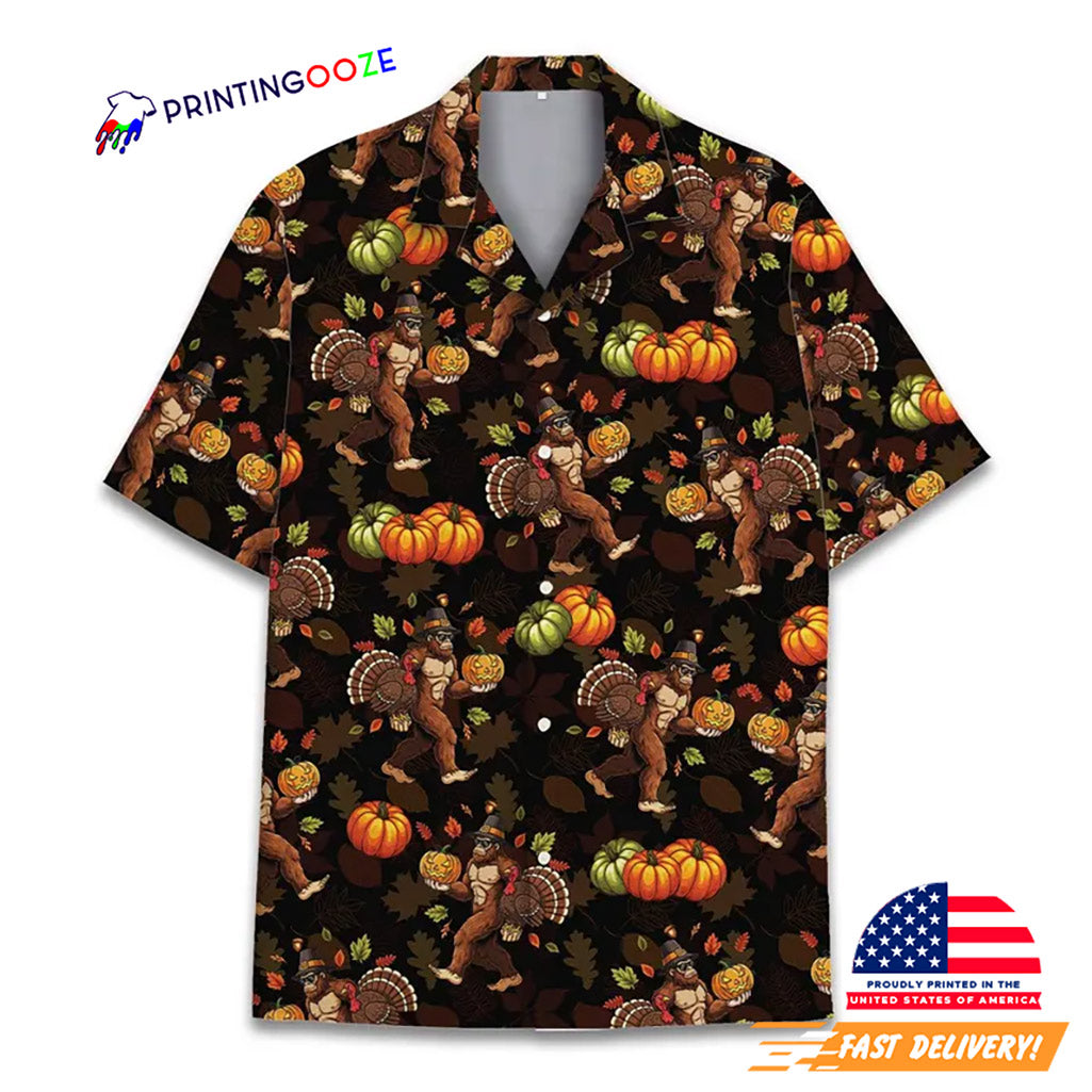 Bigfoot Turkey Thanksgiving Pumpkin Autumn Hawaiian Shirt