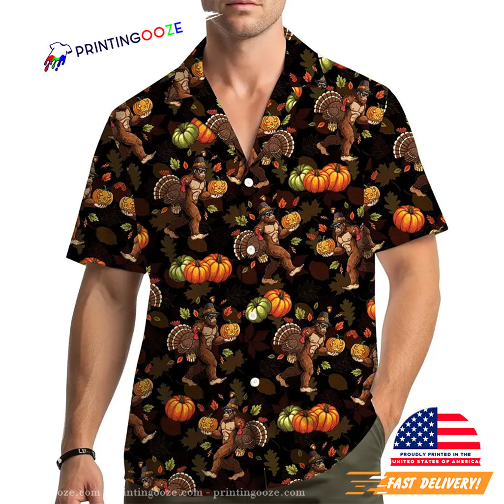 Bigfoot Turkey Thanksgiving Pumpkin Autumn Hawaiian Shirt