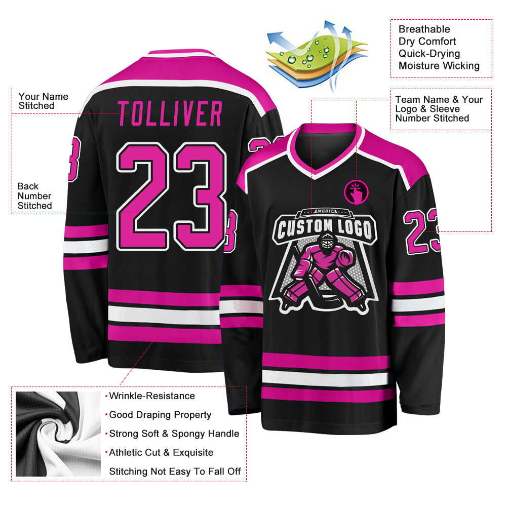 Custom Black Deep Pink-White Hockey Jersey
