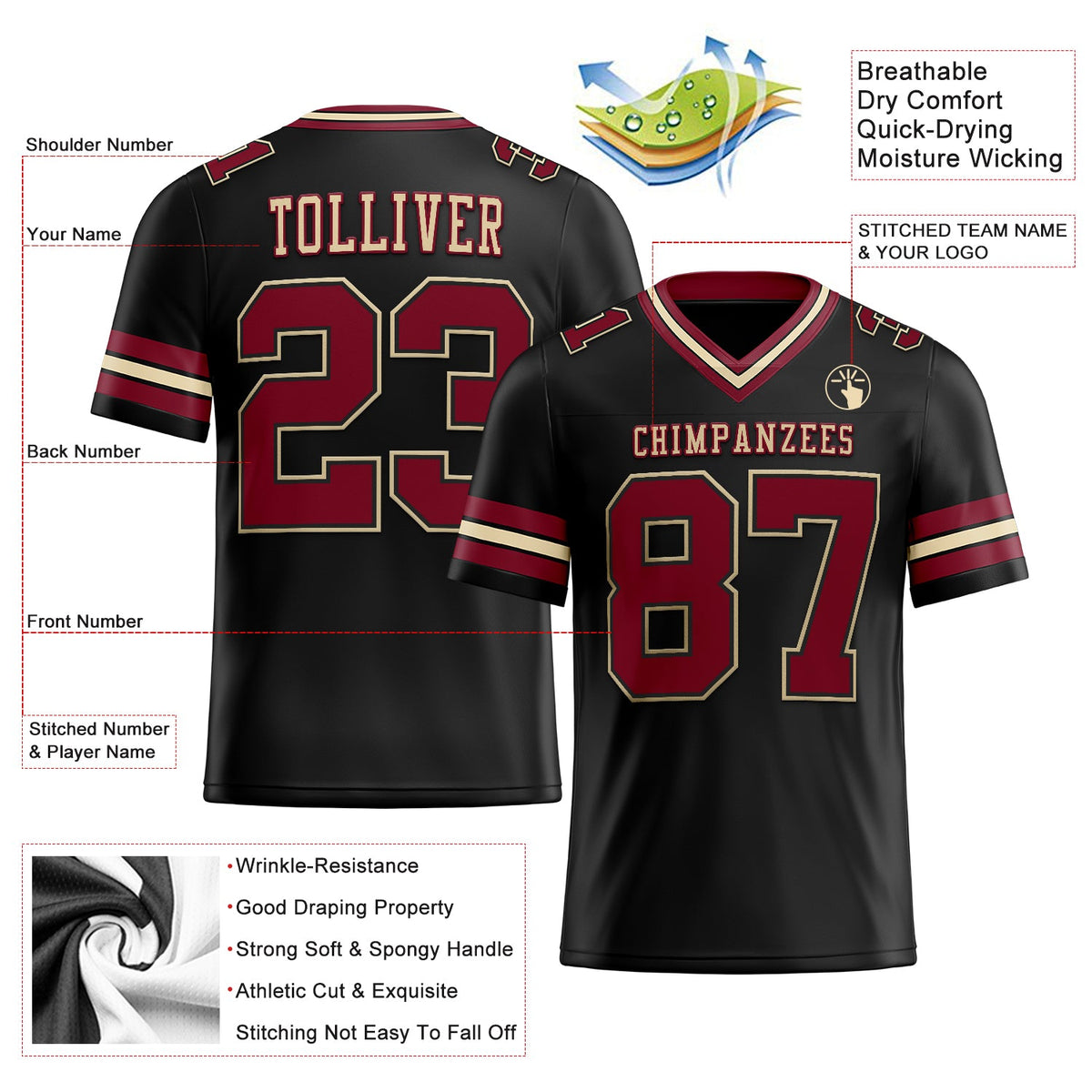 Custom Black Crimson-City Cream Authentic Football Jersey