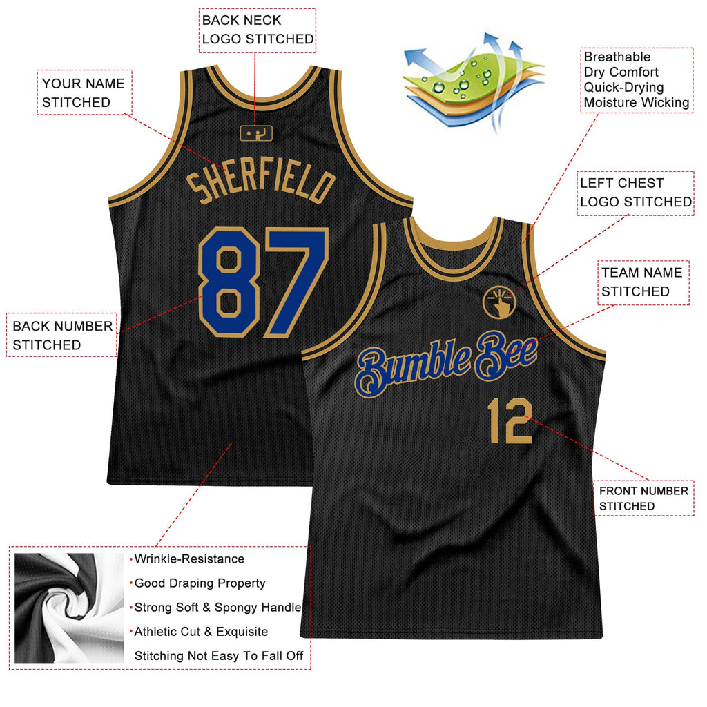 Custom Black Royal-Old Gold Authentic Throwback Basketball Jersey