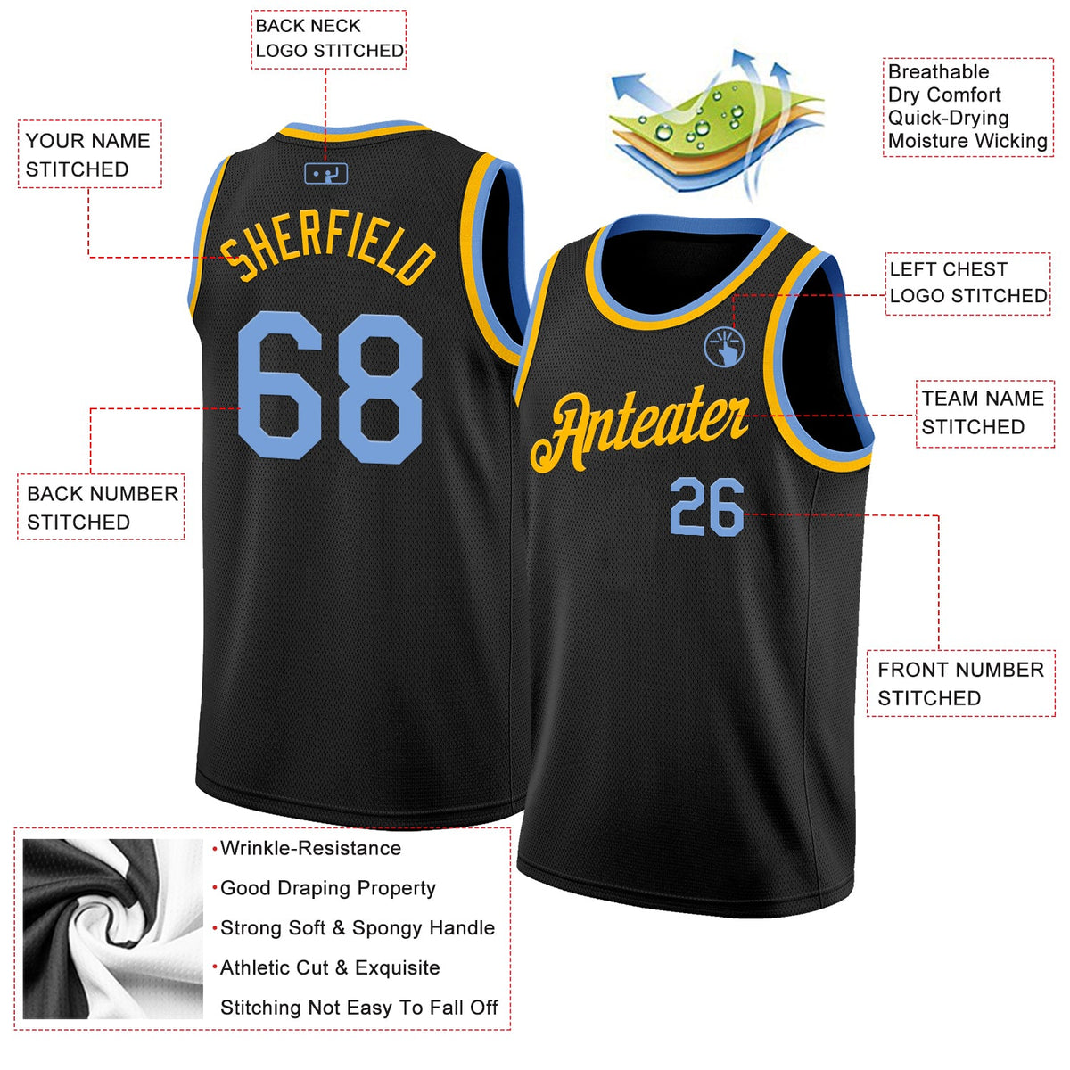 Custom Black Light Blue-Gold Authentic Basketball Jersey