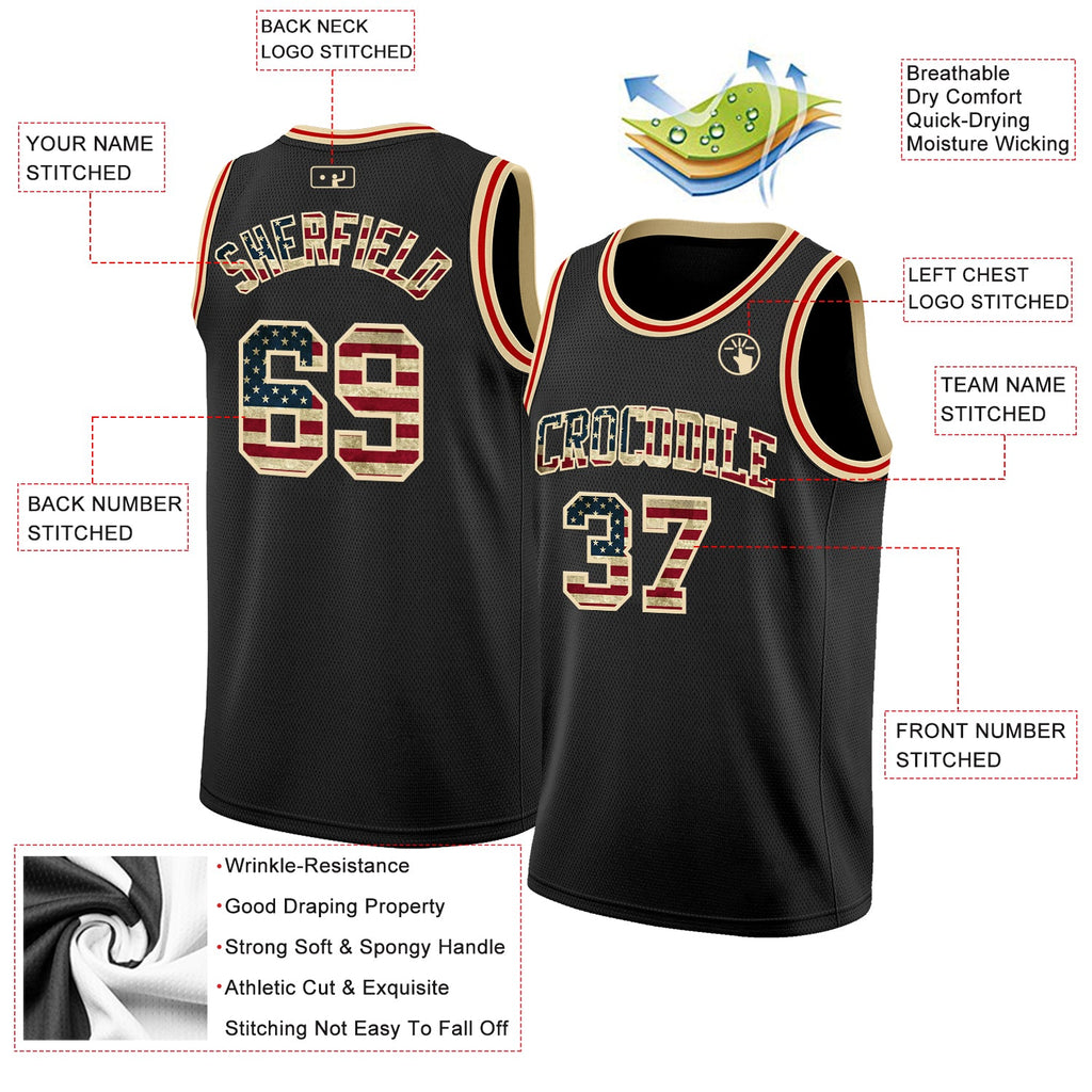 Custom Black Vintage USA Flag Cream-Red Authentic Basketball Jersey