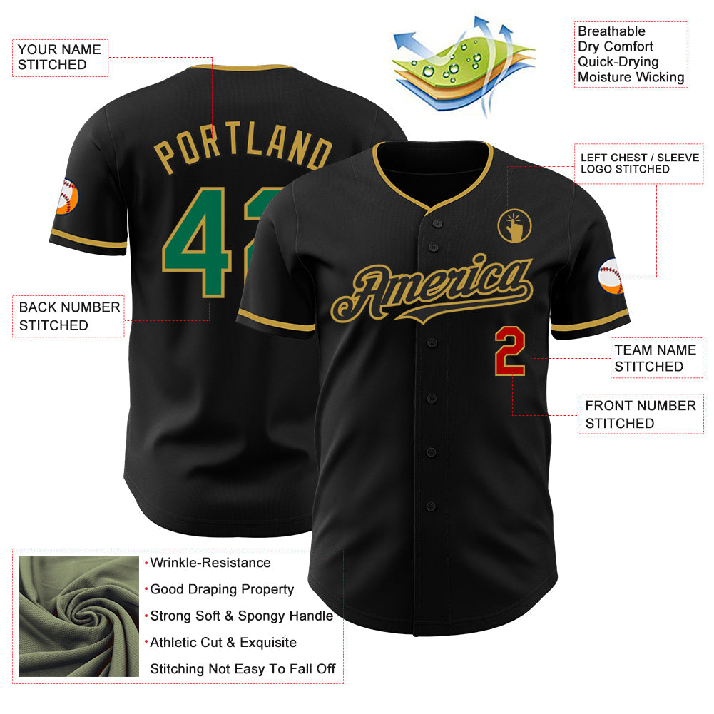 Custom Black Kelly Green Old Gold-Red Authentic Baseball Jersey