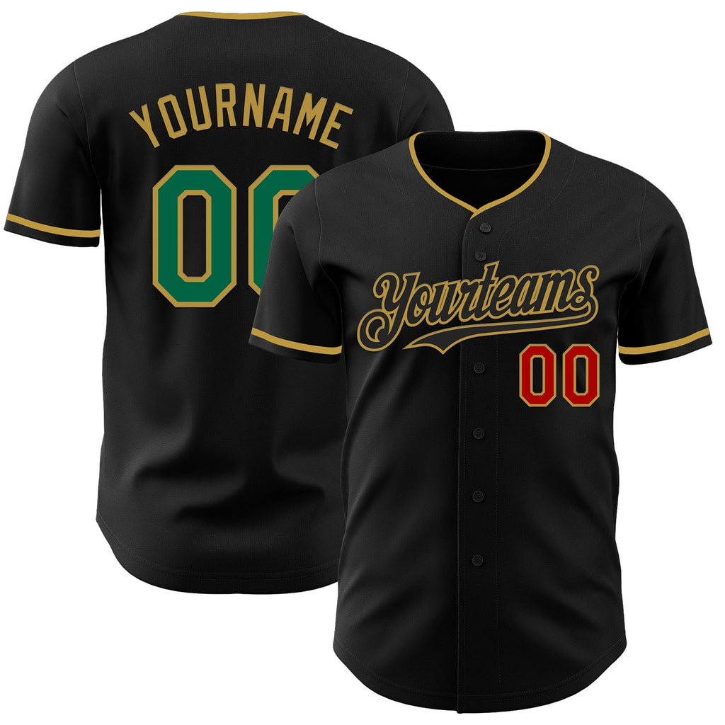 Custom Black Kelly Green Old Gold-Red Authentic Baseball Jersey