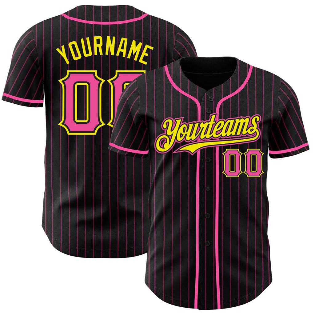 Custom Black Pink Pinstripe Light Yellow Authentic Baseball Jersey