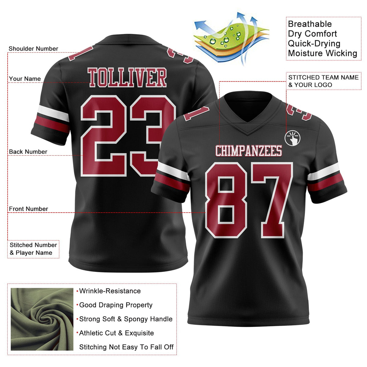 Custom Black Cardinal-White Authentic Football Jersey